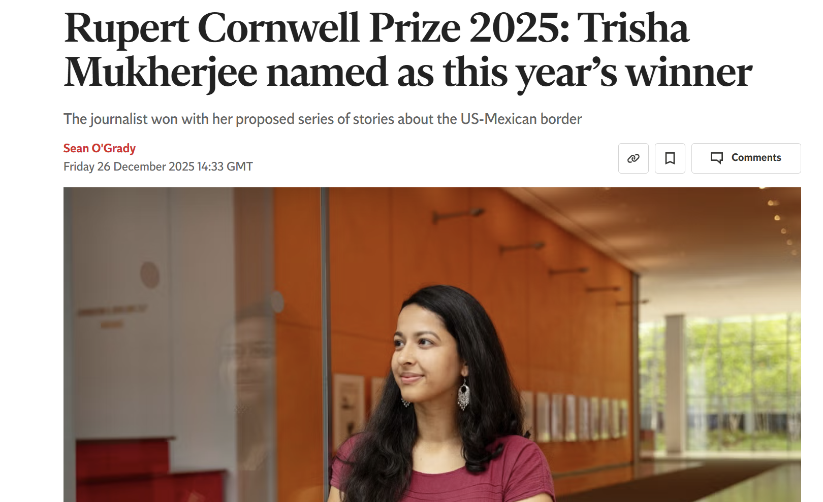 Trisha Mukherjee (FASPE Journalism 2024) wins the 2025 Rupert Cornwell Prize